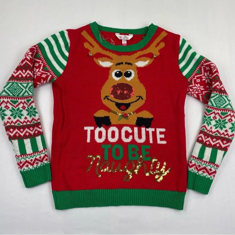 Too Cute To Be Naughty Christmas Sweater Youth S Or Women XS Ugly Sweater Party - Picture 1 of 7